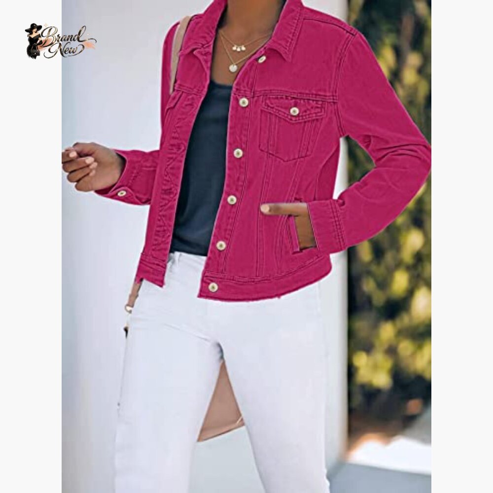 Button Down Stretch Fitted Denim Jacket Long Slee… - image 3